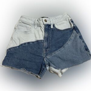 Hollister Patchwork Ultra High-Rise Mom Shorts in a blue denim color.